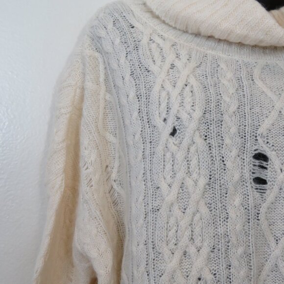 Free People Size Medium Distressed Cable Knit Sweater Ivory Destroyed Funnel - Picture 5 of 7